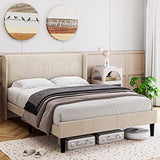 Garvee Queen Bed Frame, Upholstered Platform Bed with Wingback Headboard, Velvet Upholstered Bed Frame with 2 Storage Pockets, Strong Wooden Slat Support, Easy Assembly, Box Spring Optional, Beige - QUEEN-beige