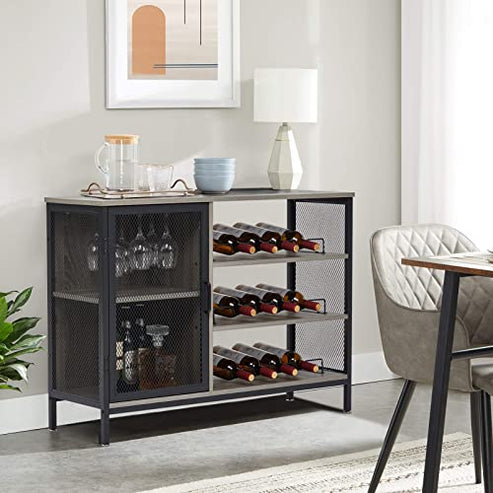 Black metal wine cabinet with three shelves holding wine bottles, a side mesh cabinet with glassware and bottles, placed in a modern living room.