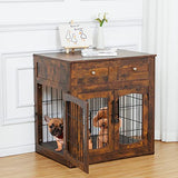 Garvee Dog Crate Furniture with Cushion,Wooden Dog Kennels Indoor with 2 Drawers,Dog Furniture Crate End Table with Storage - Rustic Brown