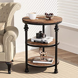 Garvee Round Side Table, 3-Tier End Table Living Room Accent Table with Storage Shelf and Metal Industrial Wood Bed Side Table/Night Stand for Bedroom, Rustic Brown - brown