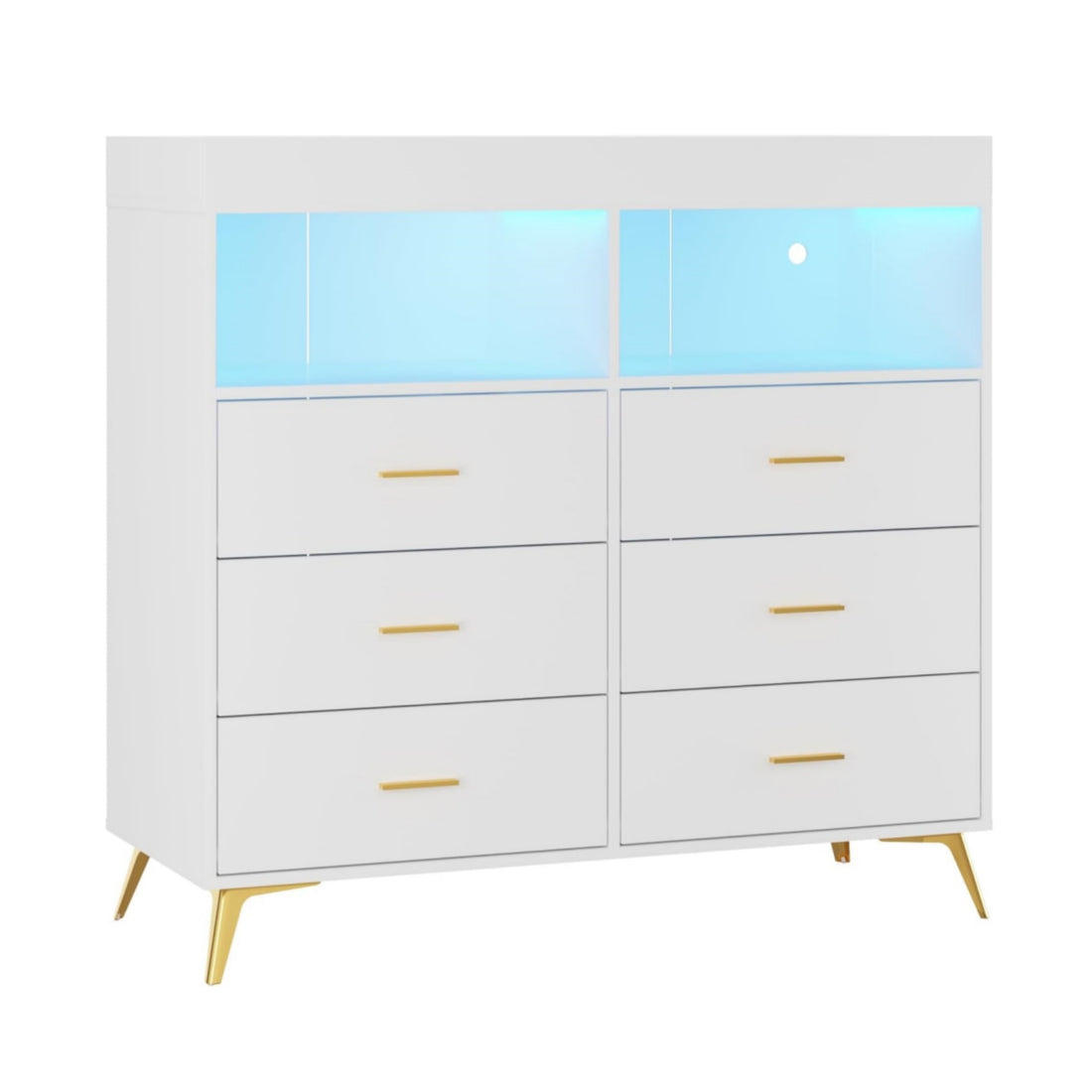 6 Drawer Dresser for Bedroom with LED Lights and Power Outlet, Wide Chest of Drawers with 2 Open Storage Shelves, Baby Changing Table with Removable Changing Table Top, White