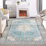 Garvee Vintage Washable Rug 5x7 Boho Tribal Area Rugs for Living Room Oriental Floral Distressed Carpet for Bedroom Soft Low Pile Aesthetic Rug Non Slip Non-Shedding Foldable Carpet Accent Rug Teal - Blue