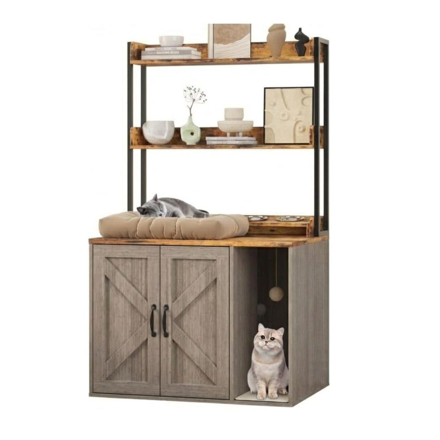 Garvee 55" H Cat Litter Box Enclosure Hidden Litter Box Furniture, Wooden Cat House with 2 Storage Shelves and Charging Sockets, Large Indoor Cabinet for Living Room Entryway, Gray& Brown