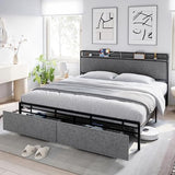 Garvee Full Size Bed Frame with 2 Storage Drawers and Headboard, Upholstered Bed Frame Full Size with Charging Station, No Box Spring Needed, Sturdy, Noiseless, Easy Assembly - Grey - Dark Gray