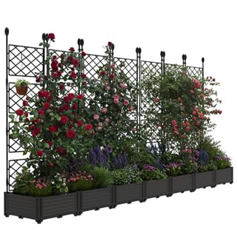 Garvee 7Pcs Plastic Plant Box with Metal Trellis, Raised Garden Bed with Trellis Planter for Climbing Plant Outdoor Raised Planter Box Privacy Screen for Patio Balcony,Planter Box for Backyard Patio