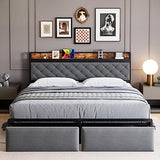 Garvee Queen Bed Frame with RGB LED Lights Headboard & 2 Storage Drawers, Storage Headboard, Upholstered Platform Bed with USB Ports & Outlets, Noise Free, No Box Spring Needed, Grey - Grey