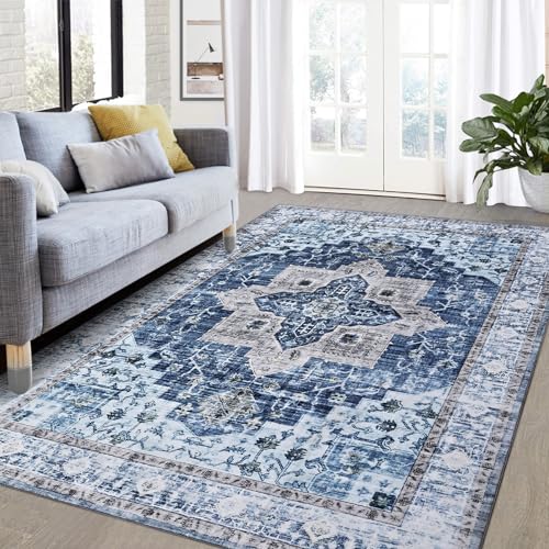 8x10 Area Rug Machine Washable Rug Traditional Distressed Rug Indoor Floor Cover Vintage Medallion Carpet Rug Stain Resistant Non-Slip Accent Rug for Living Room Bedroom