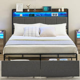 Garvee Queen Bed Frame with 2-Tier Storage Headboard, Upholstered Platform Bed Frame with 2 Storage Drawers, Built in Charging Station & LED, Noise-Free/Metal Support/No Box Spring Needed, Black - Black