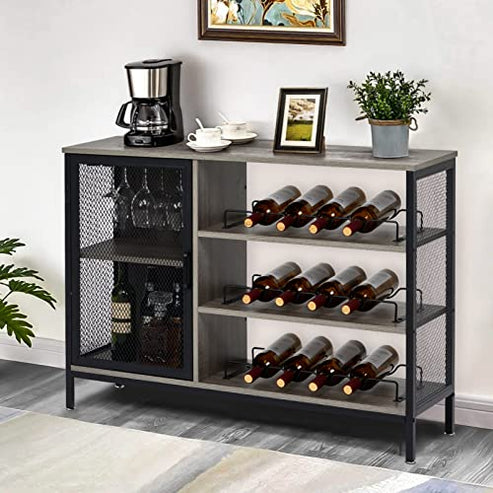 Black metal wine rack with three shelves for wine bottles, a side cabinet with mesh doors for glassware, suitable for home bar or kitchen.