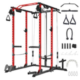 Garvee Power Cage With Cable Cross-Over System Multi-Functional Power Rack Lat Pull Down Strength Training Squat Rack Home Gym Black/Red - Black/Red