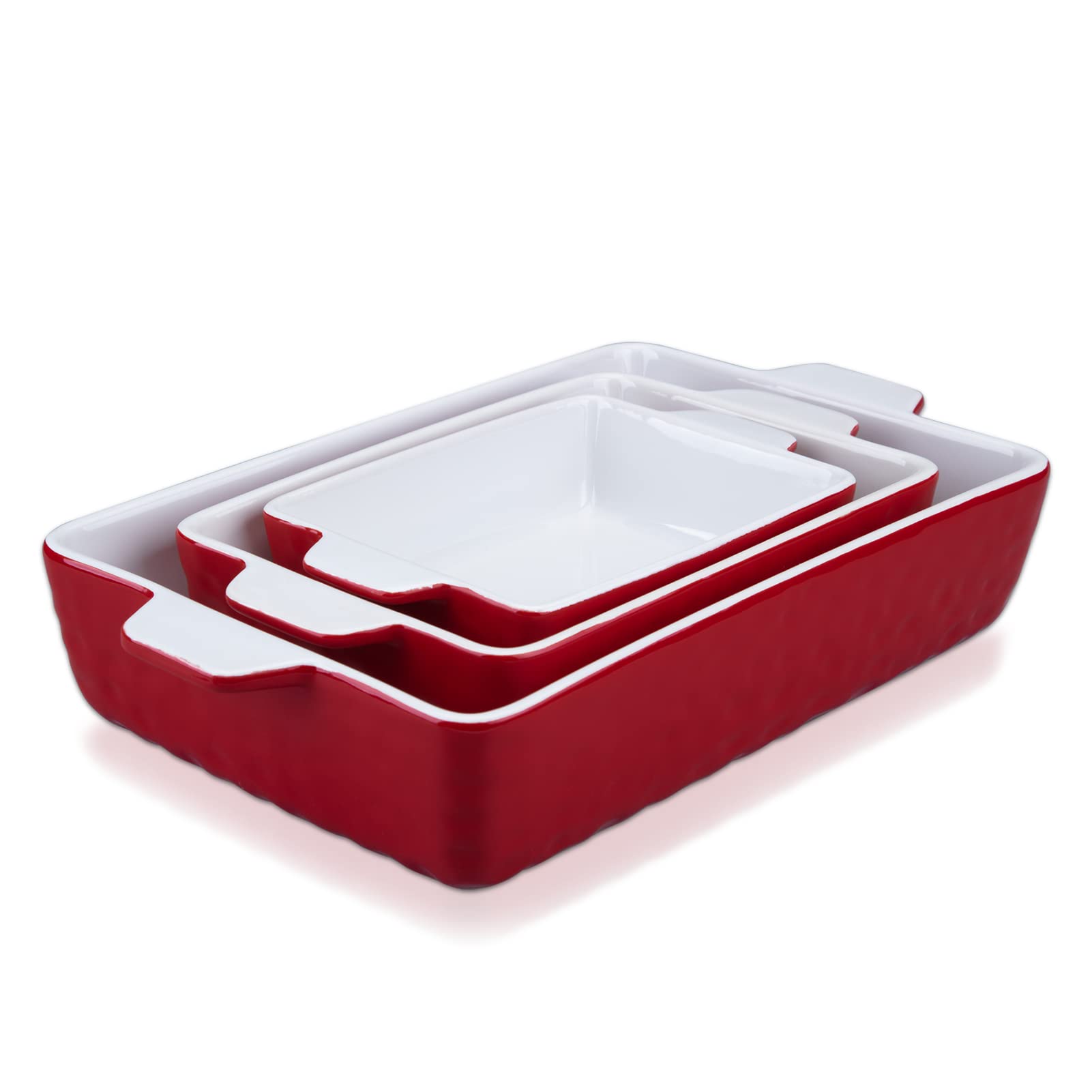 Garvee Ceramic Baking Dish Set of 3, Rectangular Casserole Dish for Oven with Handles, Deep Lasagna Baking Pans for Cooking, Kitchen, Cake Dinner, Banquet, Daily Use, Red