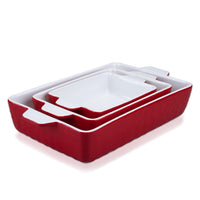 Garvee Ceramic Baking Dish Set of 3, Rectangular Casserole Dish for Oven with Handles, Deep Lasagna Baking Pans for Cooking, Kitchen, Cake Dinner, Banquet, Daily Use, Red