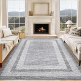 Garvee Bordered Grey 9x12 Large Area Distressed Modern Rug Soft Non Shedding Floor Carpet, Geometric Rug, Washable Non Slip Rug, Low Pile Indoor Area Rug for Living Room, Bedroom - Gray