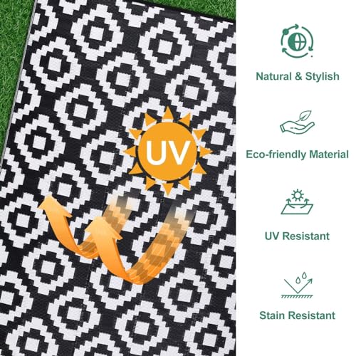 Garvee Outdoor Black & White 6x9 reversible plastic straw rug, washable, waterproof, Perfect for patio, porch, picnic, camping, RV, beach, trailer