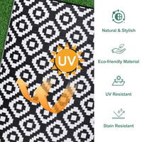 Garvee Outdoor Black & White 6x9 reversible plastic straw rug, washable, waterproof, Perfect for patio, porch, picnic, camping, RV, beach, trailer