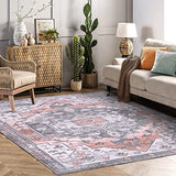 Garvee Vintage Area Rug, Machine Washable Extral Large 9' x 12' Boho Distressed Area Rugs Traditional Chic Carpet Coffee Table Rug Farmhouse Dining Table Rug Office Bedroom Decor, Medallion Peach - Orange Red
