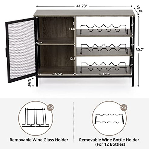 Black metal wine cabinet with three shelves for wine bottles, a mesh cabinet with glassware and bottles, placed in a modern room with artwork.