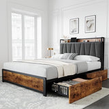 Garvee Queen Size Bed Frame with Storage Linen Upholstered Headboard, 4 Drawers Platform Bed Frame with Charging Station, No Box Spring Needed, Easy Assembly, Vintage Brown - Vintage Brown