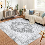 Garvee Washable Vintage Floral Area Rug 4x6- Non-Slip Print, Non-Shedding, Soft Foldable Carpets for Dining Room, Bedroom, Living Room, Kitchen Entryway, Grey - Gray