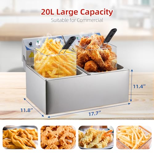 Garvee Commercial 10L+10L - 1500 Watts Dual Tank Electric Deep Fryer Stainless Steel Countertop Oil Fryer with Basket for Restaurant/Home Use (110V)