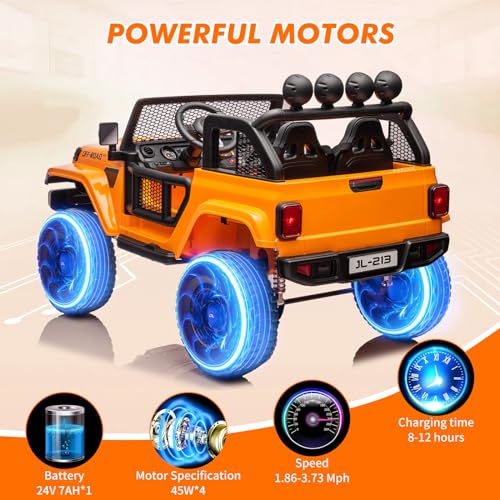 24V 7AH Kids Ride on Truck Car 2 Seater Electric Vehicles for Toddles 2WD/4WD Switchable Battery Powered Cars with Remote Control, 4-Wheeler Suspension, LED Lights, MP3, Back Storage