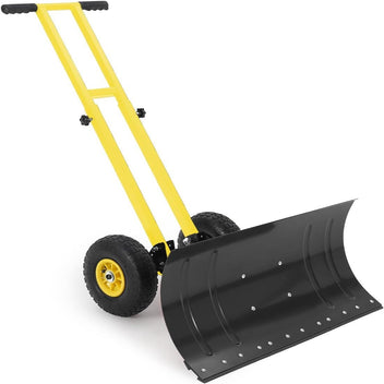 Garvee Wheeled Snow Shovel 29"x16.5" Double-Rod Metal Pusher Plow with 5-Angle Adjustable T-Handle Rubber Wheels for Driveways Sidewalks