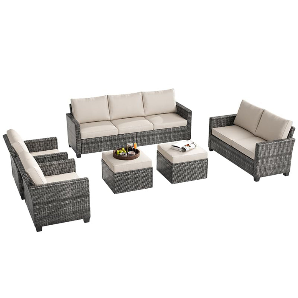 Garvee Patio Furniture Set of 6, Outdoor Rattan Patio Conversation Sets with 2-Seats Sofa, 3-Seats Sofa, 2 Single Chairs and 2 Ottomans for Backyard Garden Porch, Gray