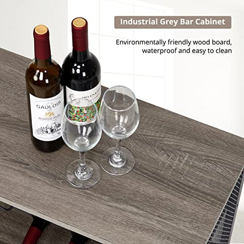 Dark grey industrial-style wine cabinet with three shelves for wine bottles, a mesh cabinet with glassware and bottles, suitable for home bar.