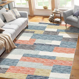 Garvee Washable Rugs Blue Multi 9x12 Large Modern Geometric Floor Carpet, Stain-Resistant Low Pile Throw Rug with Non-Slip Backing, Contemporary Accent Rug for Kitchen, Office - Blue Multi
