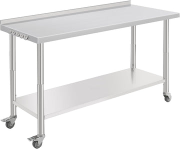 Garvee 60"L x 24"W x 35"H Stainless Steel Kitchen Prep Table, 2-Tier Commericial Work Table with Adjustable Height Shelf & Hooks, Heavy Duty Metal Table with Backsplash and Wheels for Garage, Workshop