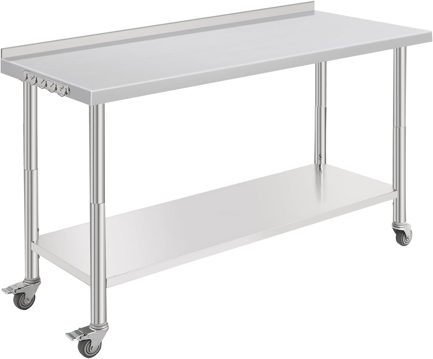 Garvee Stainless Steel Kitchen Prep Table, 2-Tier Commericial Work Table with Adjustable Height Shelf & Hooks, Heavy Duty Metal Table with Backsplash and Wheels for Garage, Workshop