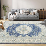 Garvee Vintage Area Rugs, Boho Traditional Washable Rug Floral Print Carpet, Low Pile Non-Slip Rubber Backing Foldable Mat for Bedroom Dining Room Office Living Room, Blue, 3x5 - Blue