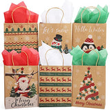 Garvee Christmas Gift Bags with Tissue Paper, 30 PCS Christmas Kraft Wrap Bags with Handles, 6 Designs Brown Paper Xmas Bags Medium Size for Xmas Holiday Party Favor Birthday Supplies