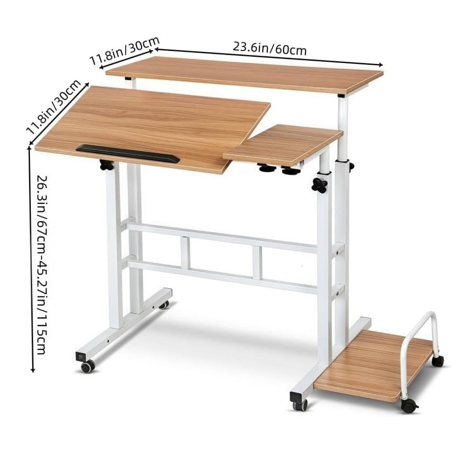 Garvee Portable Standing Desk Adjustable Height 26.4"-61", Mobile Computer Desk with Wheels, Tiltable Top & CPU Stand, Rolling Laptop Table Cart for Home Office, Light Walnut