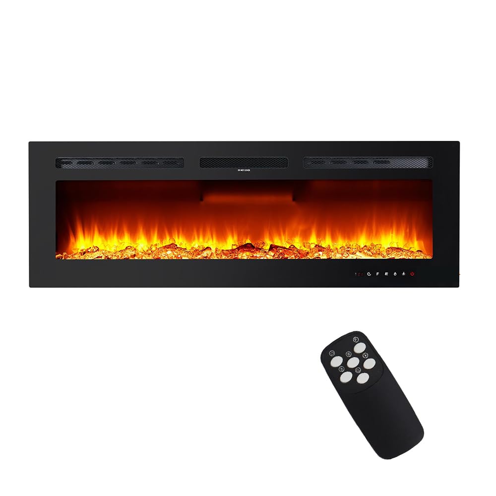 60" Electric Fireplace Wall Recessed & Wall Mounted Remote Control 12 Flame Colors 750 1500W Heater Timer Adjustable Brightness Log & Crystals