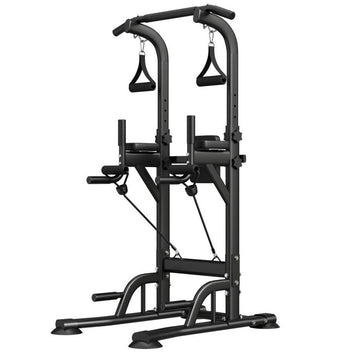 Garvee Freestanding Power Tower with Backrest & Resistance Bands for Home Gym, Adjustable Height 39-90", Black, 450 LBS Capacity