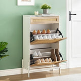 Garvee Natural Rattan Shoe Rack Storage Cabinet + Elegant Design + 2 Flip Doors + Solid Wood + Adjustable Shelves + Metal Support Feet + Entryway, Hallway - White