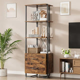 Garvee 4 Tier Bookshelf with Storage Drawers,70.9 Inch Tall Industrial Book Shelf with Open Display Shelves,4 Shelf Bookcase with Metal Frame for Living Room, Bedroom,Office-Rustic Brown - Rustic Brown