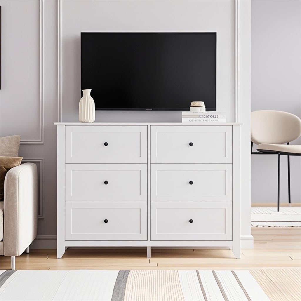 Garvee White Dresser for Bedroom, 6 Chest of Drawer Dresser for 48 inch TV, Modern Wood Organizer TV Stand for Living Room, Closet Storage, Entryway, Kids Bedroom