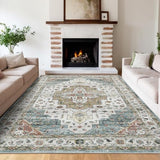 Garvee Persian Camel Green 8x10 Living Room Carpet Machine Washable Vintage Area Rugs, Stain-Resistant Oriental Soft Low Pile Carpet, Distressed Accent Carpet for Office, Bedroom, Living Room, Camel Green - Camel Green