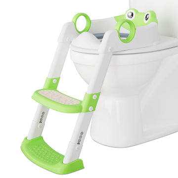 Green potty training seat with step stool and adjustable height for toddlers.
