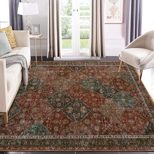 Garvee Persian Red 9x12 Area Rug Washable Rug Vintage Floral Rug Non Slip Retro Distressed Thin Country Farmhouse Rug Floor Cover Farmhouse Rug Carpet for Kitchen Living Room Bedroom Dining Room