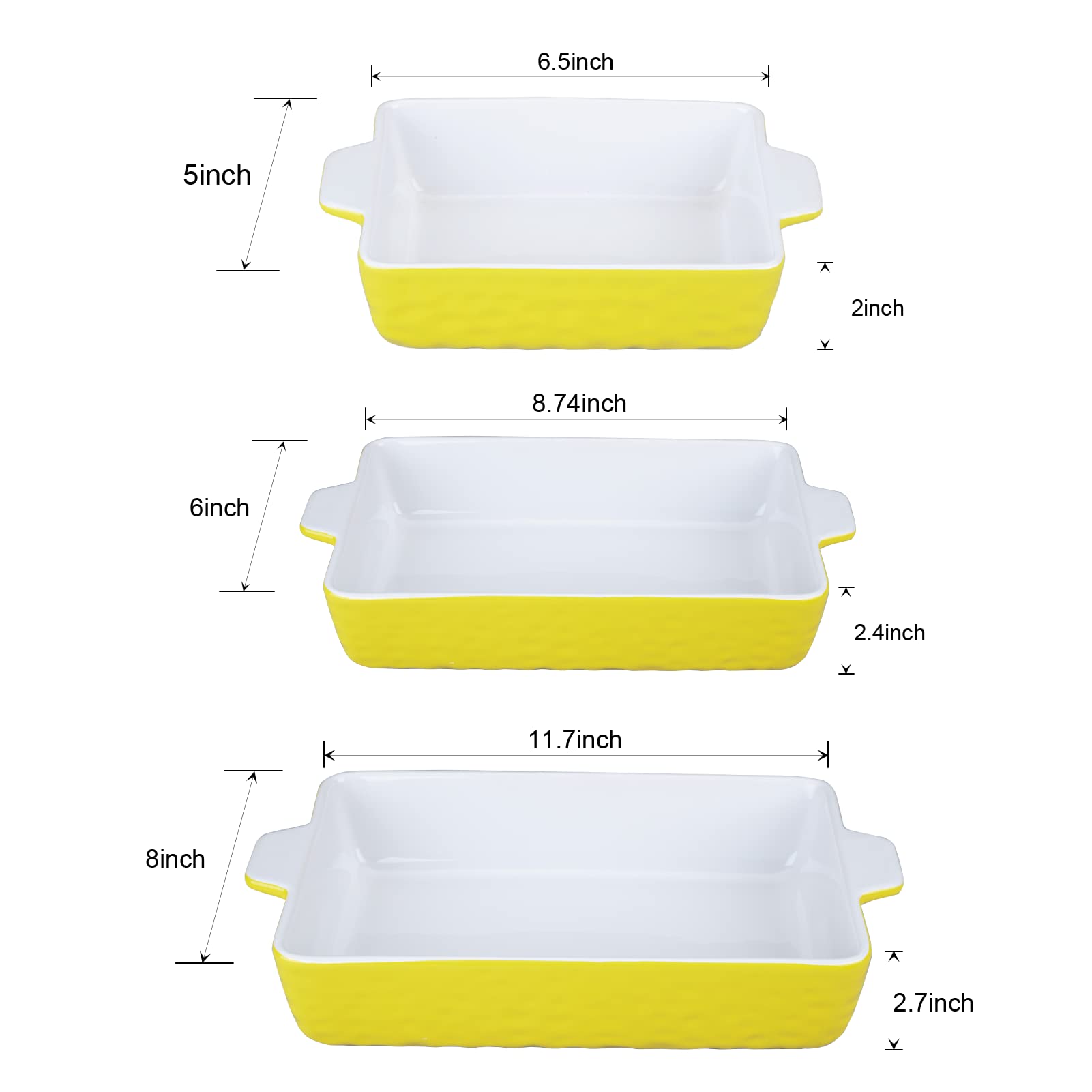 Garvee Ceramic Baking Dish Set of 3, Rectangular Casserole Dish for Oven with Handles, Deep Lasagna Baking Pans for Cooking, Kitchen, Cake Dinner, Banquet, Daily Use, Yellow