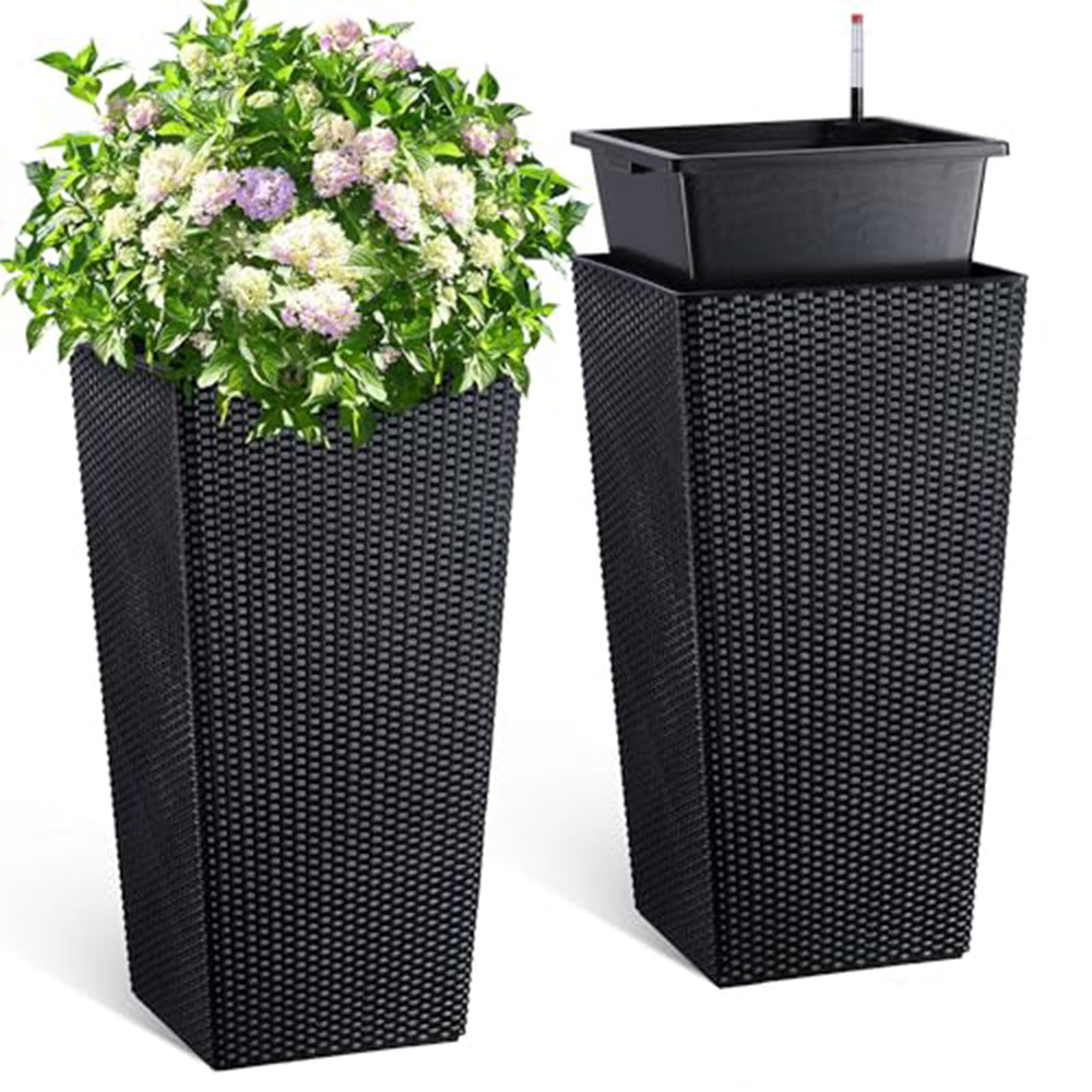 Garvee 30" Tall Set of 2 Rattan Planters - Indoor & Outdoor Porch Pots with Drainage Holes, Water Level Monitor, Inner Bucket & Automatic Watering, Black