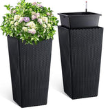 Garvee 30" Tall Set of 2 Rattan Planters - Indoor & Outdoor Porch Pots with Drainage Holes, Water Level Monitor, Inner Bucket & Automatic Watering, Black - black