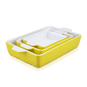 Garvee Ceramic Baking Dish Set of 3, Rectangular Casserole Dish for Oven with Handles, Deep Lasagna Baking Pans for Cooking, Kitchen, Cake Dinner, Banquet, Daily Use, Yellow
