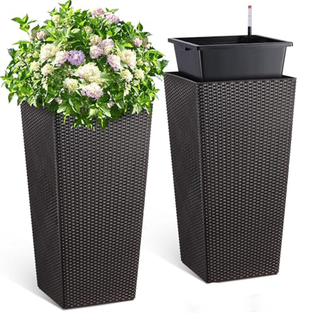 Garvee 30" Tall Planters Set of 2, Rattan Outdoor＆Indoor Planter Pots, High Front Porch Planter Pots with Drainage Holes＆Water Level Monitor＆Inner Bucket, Automatic Watering, Brown