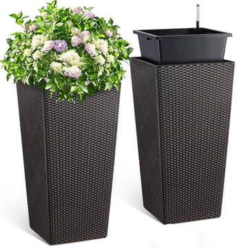 Garvee 30" Tall Planters Set of 2, Rattan Outdoor＆Indoor Planter Pots, High Front Porch Planter Pots with Drainage Holes＆Water Level Monitor＆Inner Bucket, Automatic Watering, Brown