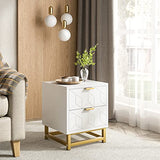 Garvee Nightstand with 2 Drawer Bedside Table [Golden Handle] [Golden Base] [Diamond Style] for Bedroom, The Living Room, White - White