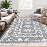 Garvee Boho Washable Area Rug, Non-Slip Moroccan Tribal Carpet with Tassels, Stain-Resistant Farmhouse Geometric Floor Cover, Grey - Gray